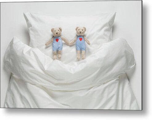 Two Objects Metal Print featuring the photograph Teddy Bear On Bed #2 by Westend61