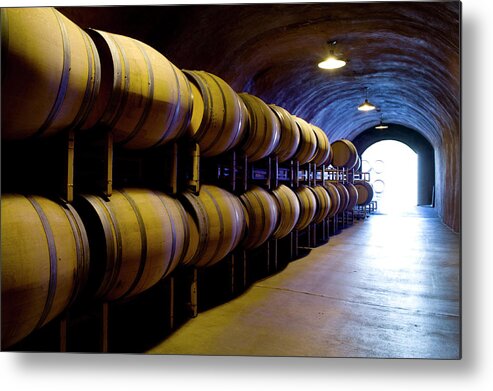 Sonoma County Metal Print featuring the photograph Wine Cave With Oak Barrels In Napa #2 by Seanfboggs
