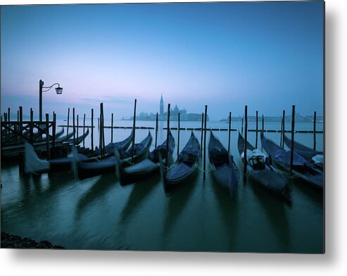 Pole Metal Print featuring the photograph Row Of Gondolas At Sunrise In Venice #3 by Matteo Colombo