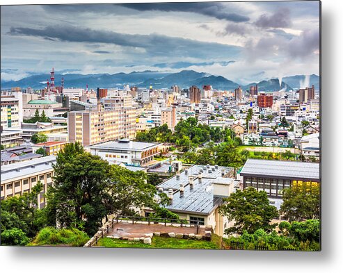 Landscape Metal Print featuring the photograph Tottori, Japan Town Skyline At Dusk #3 by Sean Pavone