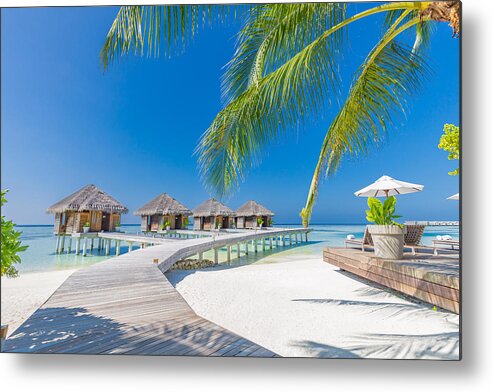 Landscape Metal Print featuring the photograph Tropical Beach In Maldives With Palm #3 by Levente Bodo
