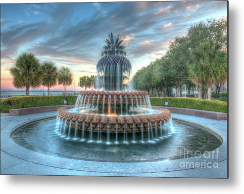 Pineapple Fountain Metal Print featuring the photograph Pineapple Sunset over Charleston South Carolina by Dale Powell