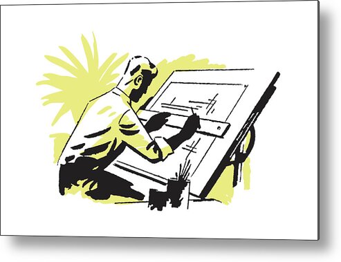 Architect Metal Print featuring the drawing Man Working at Drafting Table #8 by CSA Images