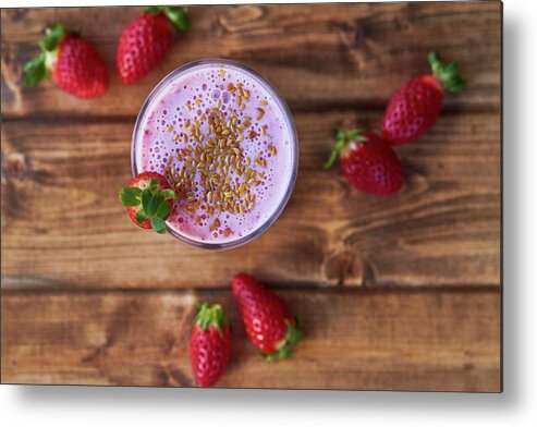 Ip_11418738 Metal Print featuring the photograph A Strawberry Smoothies With Kefir And Sesame Seeds by Helena Krol