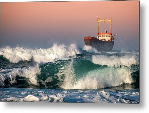 Sea Metal Print featuring the photograph Abandoned Ship and the stormy waves by Michalakis Ppalis