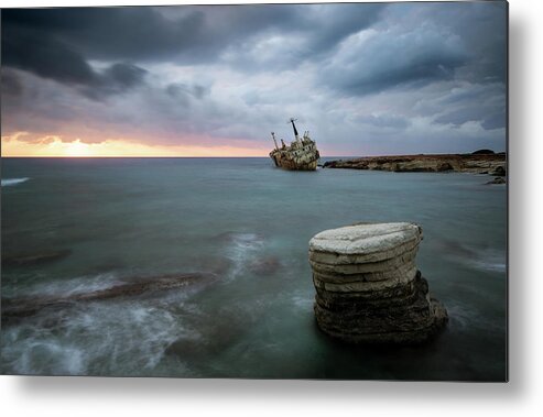 Seascape; Coastline; Sunset; Sundown Metal Print featuring the photograph Abandoned Ship EDRO III Cyprus by Michalakis Ppalis