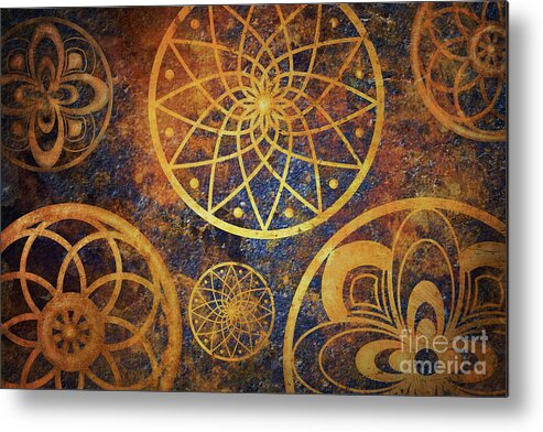 Fantasy Metal Print featuring the digital art Abstract fantasy space with golden circle pattern. Art wallpaper by Jelena Jovanovic