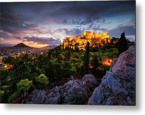 Greece Metal Print featuring the photograph Acropolis And View Of Athens From Areopagus Hill, Greece. by Cavan Images
