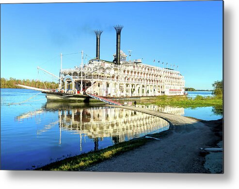 David Lawson Photography Metal Print featuring the photograph American Queen Steamboat Reflections on the Mississippi River by David Lawson