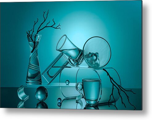 Glass Metal Print featuring the photograph Aqua Light With Glasses by Lydia Jacobs
