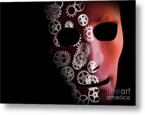 Mask Metal Print featuring the photograph Artificial intelligence concept with robot face by Simon Bratt