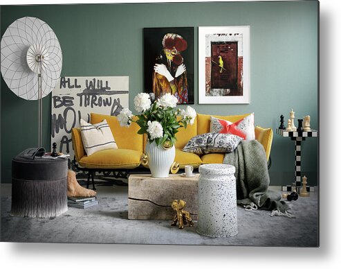Ip_12668217 Metal Print featuring the photograph Artworks And Yellow Sofa Against Grey Wall In Living Room by Anderson Karl