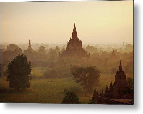 Pagoda Metal Print featuring the photograph Bagan Temple Field Just After Sunrise by Arturbo