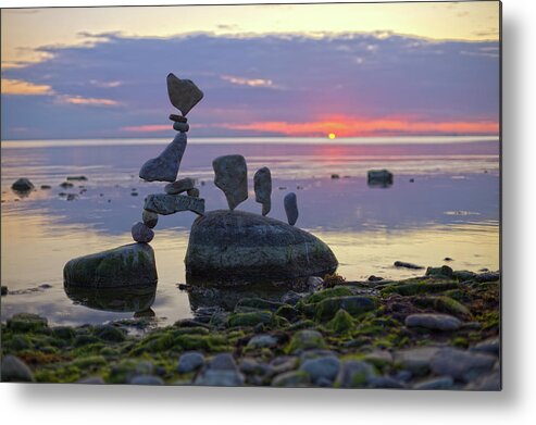 Meditation Zen Yoga Mindfulness Stones Nature Land Art Balancing Sweden Metal Print featuring the sculpture Balancing art #54 by Pontus Jansson