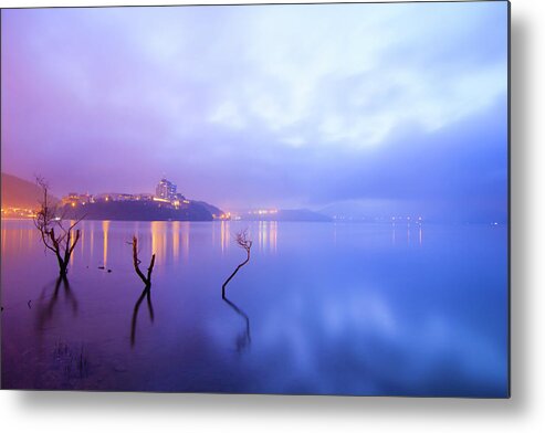 Scenics Metal Print featuring the photograph Bare Trees In Lake Before Sun Rising by Samyaoo