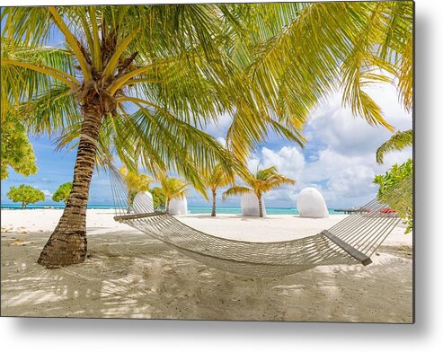 Landscape Metal Print featuring the photograph Beach Hammock Between Palms Trees by Levente Bodo