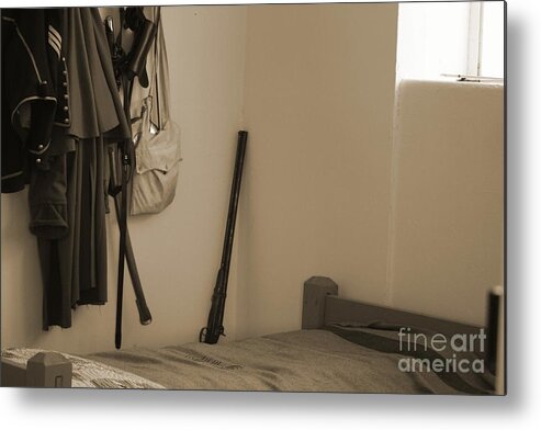 Bed Metal Print featuring the photograph Bed in Barracks at Fort Stanton New Mexico In Sepia by Colleen Cornelius