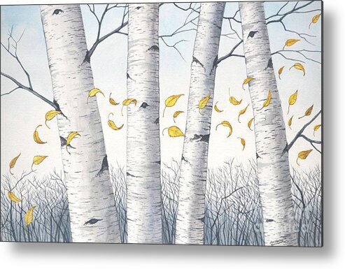 Birch Metal Print featuring the painting Birch Trees with flowing leaves in watercolor by Christopher Shellhammer