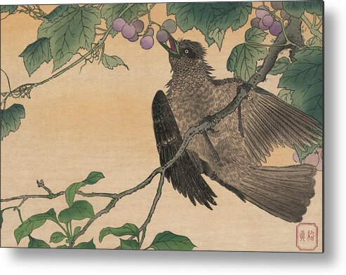 Japan Metal Print featuring the painting Bird Eating a Grape by Kuwagata Keisai