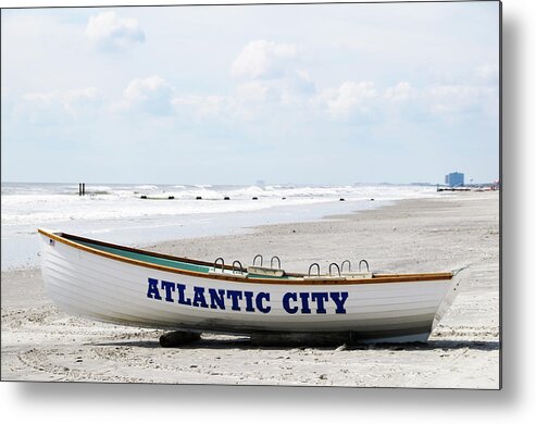 Water's Edge Metal Print featuring the photograph Boat On Atlantic City Beach by Ogphoto