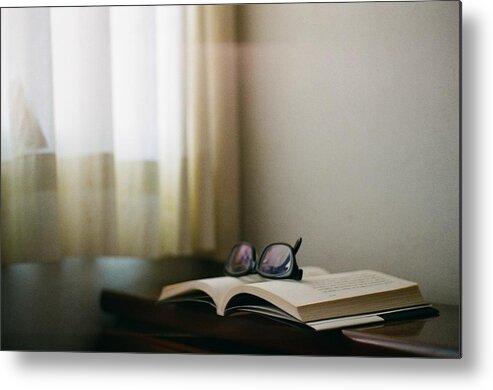 Education Metal Print featuring the photograph Book With Glasses And Window Curtain by Photography By Bert.design