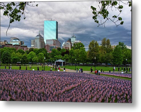 Boston Metal Print featuring the photograph Boston Common Memorial Day Flags Dramatic Sky Boston MA Tree by Toby McGuire