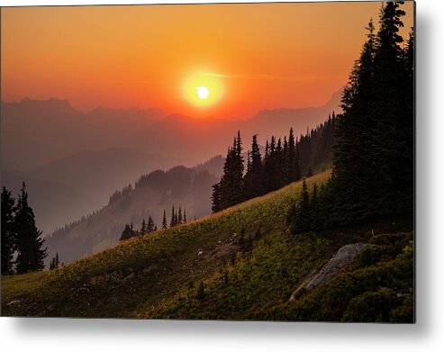 Sunset Metal Print featuring the photograph Bright Orange Sunset Behind Hazy Cascade Mountains With Wildfire Smoke by Cavan Images