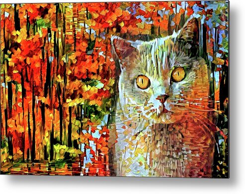 British Shorthair Cat Metal Print featuring the digital art British Shorthair Cat in Autumn by Peggy Collins