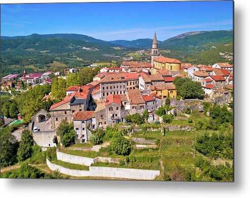 Buzet Metal Print featuring the photograph Buzet. Idyllic hill town of Buzet in green landscape aerial view by Brch Photography