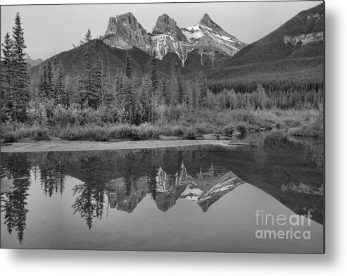 Three Sisters Metal Print featuring the photograph Canmore Thre Sisters Perfect Reflections Black And White by Adam Jewell