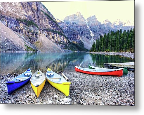 Tranquility Metal Print featuring the photograph Canoes At Moraine Lake, In Explore by J.p.andersen Images