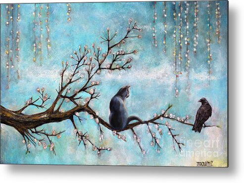 Cat Metal Print featuring the painting Cat and Crow by Manami Lingerfelt