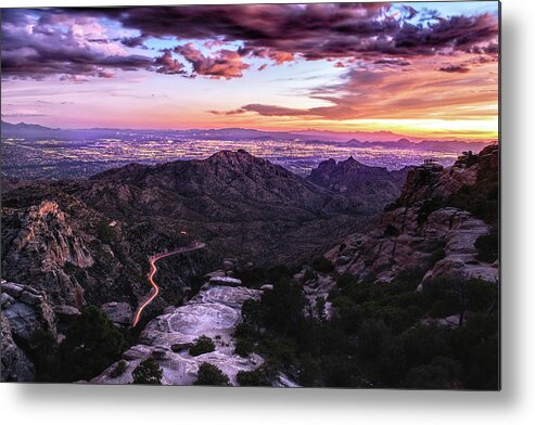 Tucson Metal Print featuring the photograph Catalina Highway Sunset and Tucson City Lights by Chance Kafka