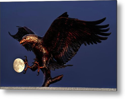 Eagle Moon Bronze Sculpture Bald Eagle Veteran Military Service Memorial Casting Night Scenic Astrophotography Metal Print featuring the photograph Catching the Moon - cast bronze eagle at Stoughton Veterans Memorial site aligned with full moon by Peter Herman