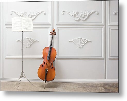 Sheet Music Metal Print featuring the photograph Cello And Music Stand by Image Source