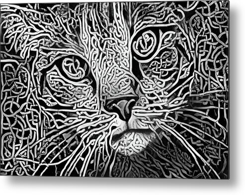 Celtic Cat Metal Print featuring the digital art Celtic Knot Tabby Cat - Black and White Version by Peggy Collins