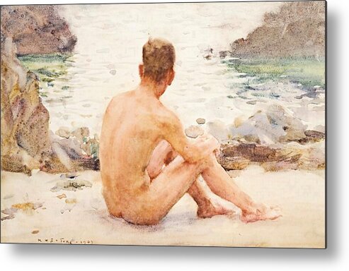 Henry Scott Tuke Metal Print featuring the painting Charlie Seated in the Sand by Henry Scott Tuke