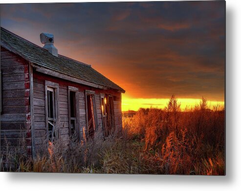 Abandoned Sunrise Chicken Coop Forgotten Golden Farm Farming Vintage Nd Rural Glowing Sunset Metal Print featuring the photograph Chicken Coop Sunrise - Abandoned Stensby Homestead in ND by Peter Herman