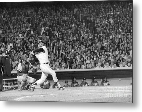 Baseball Catcher Metal Print featuring the photograph Chris Chambliss Hitting Home Run by Bettmann