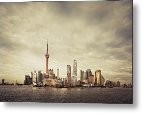 Communications Tower Metal Print featuring the photograph City Skyline At Sunset, Shanghai, China by D3sign