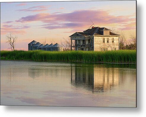 Lake Farm Homestead Lake Flood Devils Lake Nd North Dakota Churchs Ferry Water Cattails Bins Landscape Horizontal Pink Abandoned Metal Print featuring the photograph Claimed by the Lake - Farm home south of Churchs Ferry ND flooded by rising Devils Lake by Peter Herman