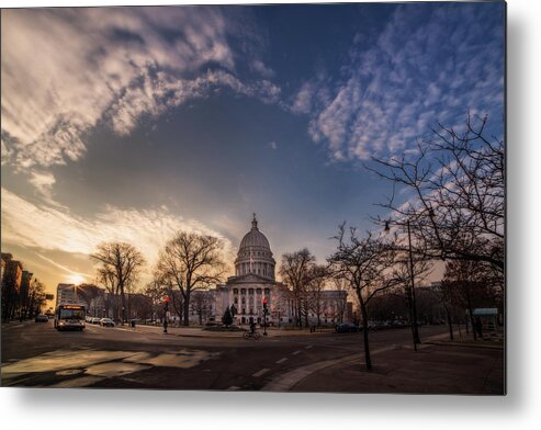Wi Wisconsin Capitol Sunset Golden Scenic Arch Landscape Dane Government State Bus Bike Sky Clouds Skyscape Metal Print featuring the photograph Cloud Dome above WI Capitol Dome - Wisconsin State Capitol at sunset by Peter Herman