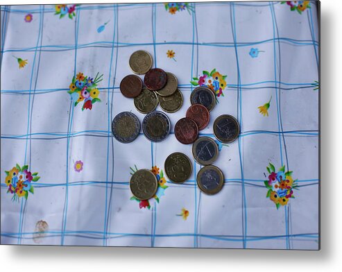 Coins Are Laid on a Picnic Table to Buy Metal Print by Susana Vera - Fine  Art America
