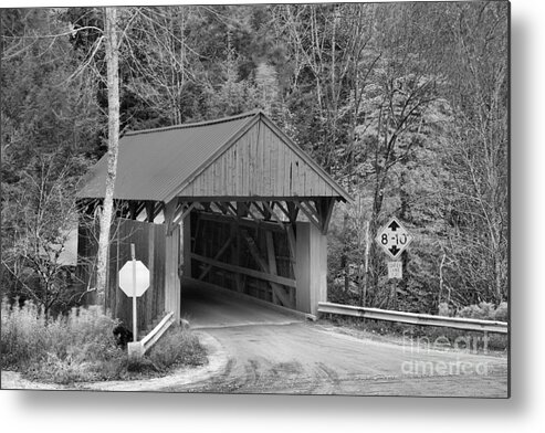 Red Covered Bridge Metal Print featuring the photograph Cole Hill Road Covered Bridge Black And White by Adam Jewell