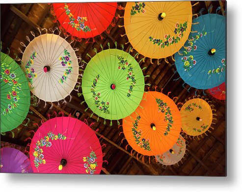 Myanmar Metal Print featuring the photograph Colorful Umbrella Ceiling by Lindley Johnson