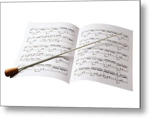 Sheet Music Metal Print featuring the photograph Conductors Baton And Sheet Music by Siede Preis