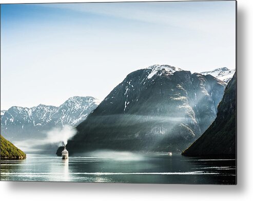Scenics Metal Print featuring the photograph Cruise Boat Passes Geiranger Fjord by Cartagena Photo By David Cartagena