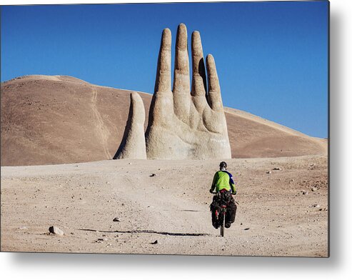 Adventure Metal Print featuring the photograph Cyclist heading to Hand of the Desert in Atacama Desert, Chile by Kamran Ali