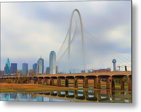 Dallas Skyline Metal Print featuring the photograph Dallas Skyline with the Margaret Hunt Hill Bridge - Texas - Cityscape by Jason Politte