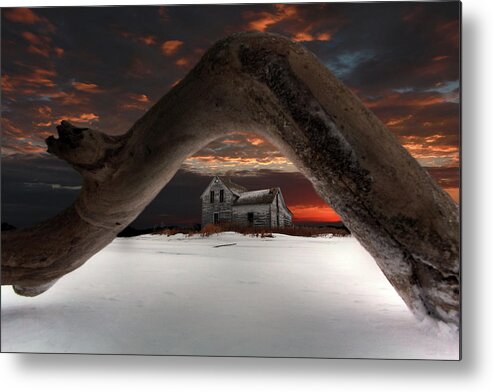 Abandoned Farm Farmstead Deadwood Frozen Tree Ice Snow Winter Cold Blue Scenic Landscape Prairie Winter Freezing Sunset Sunrise Arch Devils Lake Frost Desolate Deserted Metal Print featuring the photograph Deadwood Arch Above Abandoned Farm #2 by Peter Herman